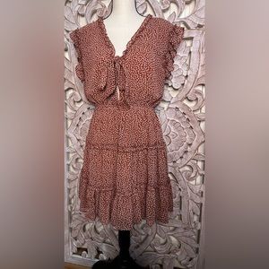 The Boardwalk Rust/Burnt/Brown Orange Print Ruffle Tie Cut Out Mini Dress Sz L